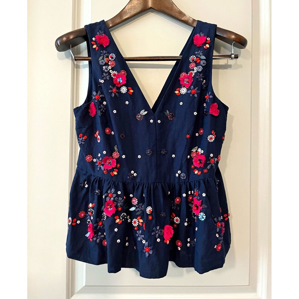 J.Crew Blue Floral V-Neck Sleeveless Peplum Blouse Zip Embroidered Beaded 4 0078
